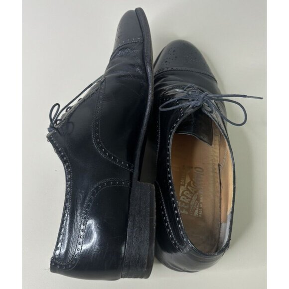 Salvatore Ferragamo Men 10 D Black Leather Wingtip Lace-Up Oxford Dress Shoe GUC main image 7